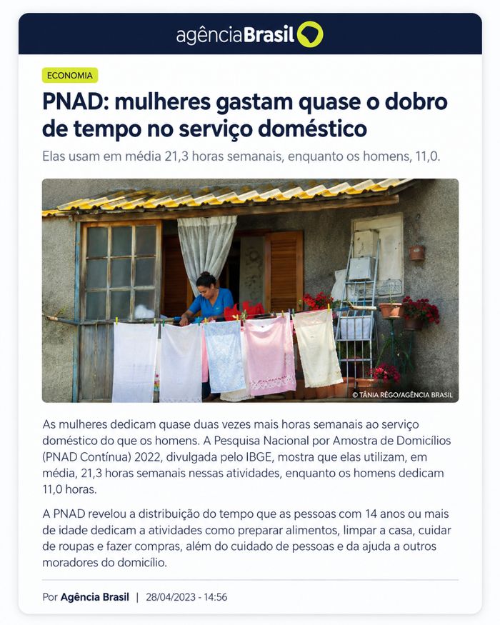 Agência Brasil/IBGE: mulheres dedicam 21,3 horas semanais ao serviço doméstico
