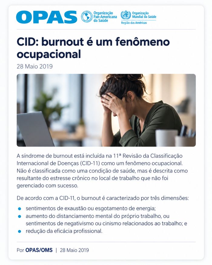 OPAS/OMS: CID classifica burnout como fenômeno ocupacional