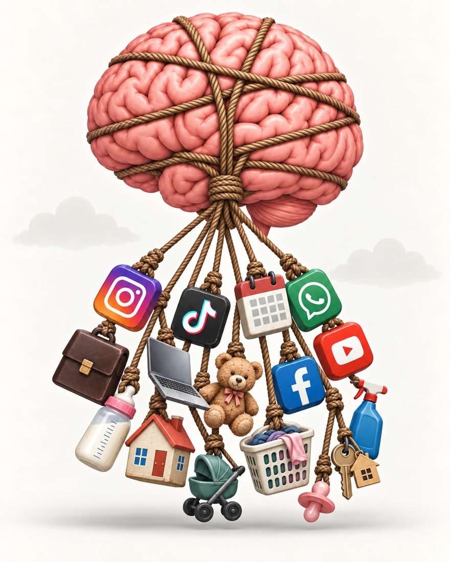 Ilustração de um cérebro amarrado por cordas presas a ícones de trabalho, casa, filhos e redes sociais, representando a sobrecarga mental